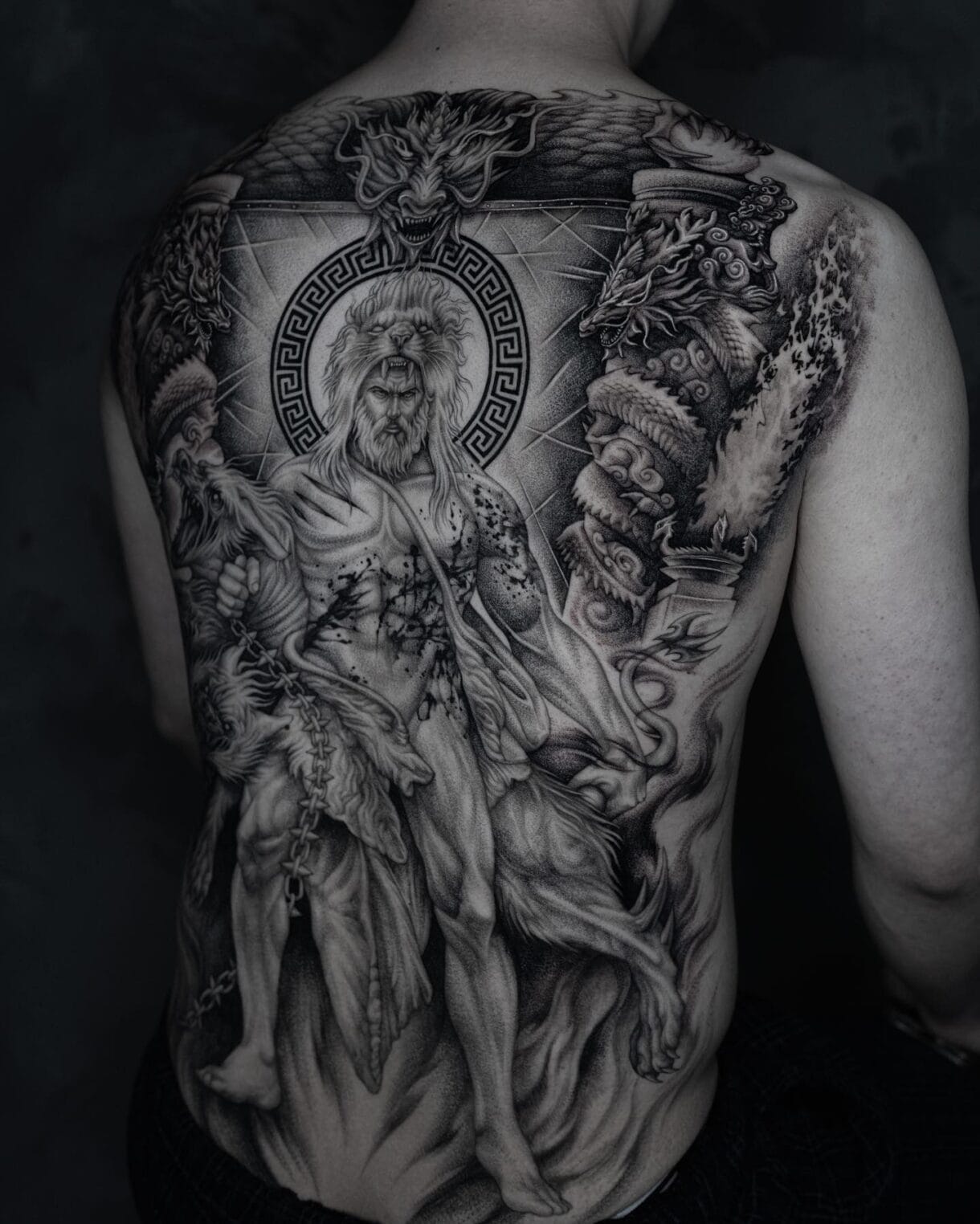 black and grey zeus realism tattoo on back sawtelle