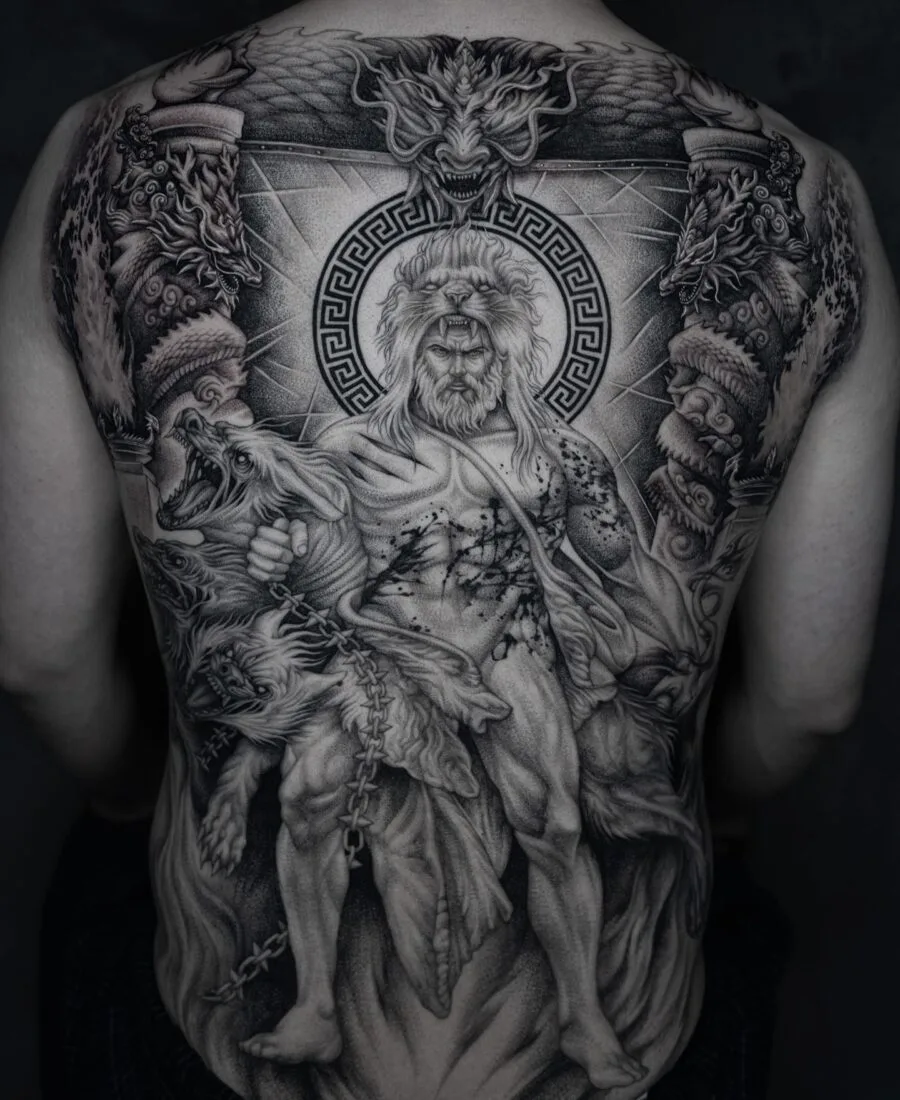 Epic Full Back Piece Tattoo: Hercules Battling Mythical Creatures - Best  tattoo shop in Los Angeles - Art Collector Tattoo Studio, image size:900x1100