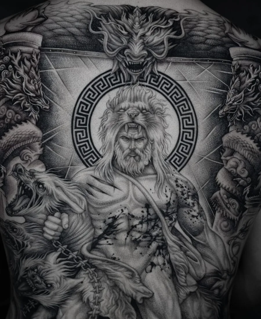 Epic Full Back Piece Tattoo: Hercules Battling Mythical Creatures - Best  tattoo shop in Los Angeles - Art Collector Tattoo Studio, image size:900x1100