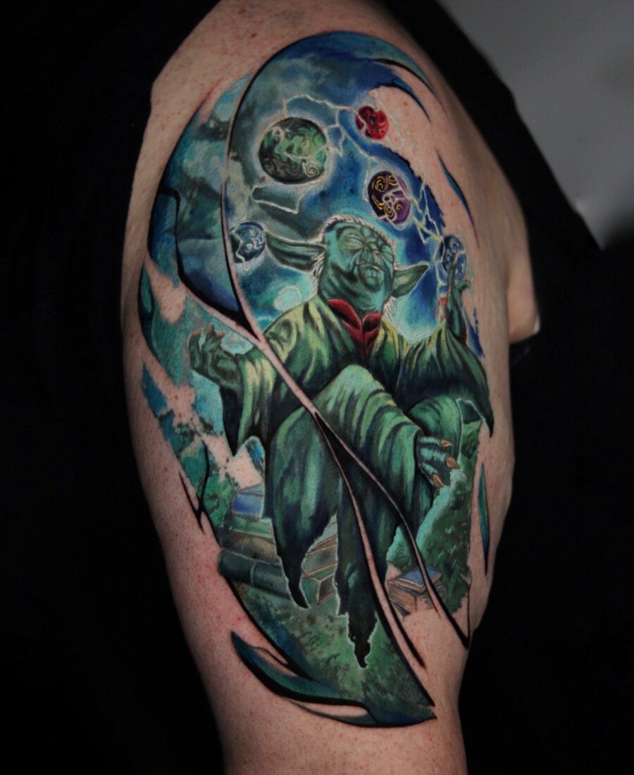 Colorful Yoda Tattoo on Shoulder