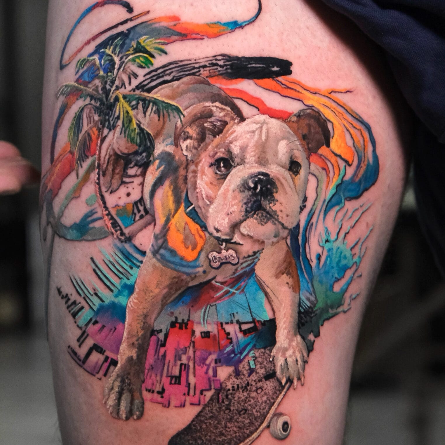 Realistic Dog Portrait Tattoo with Abstract Background
