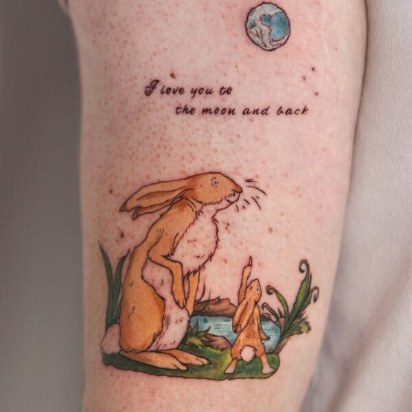 Childhood Book Illustration Tattoo on Upper Arm with Personal Message