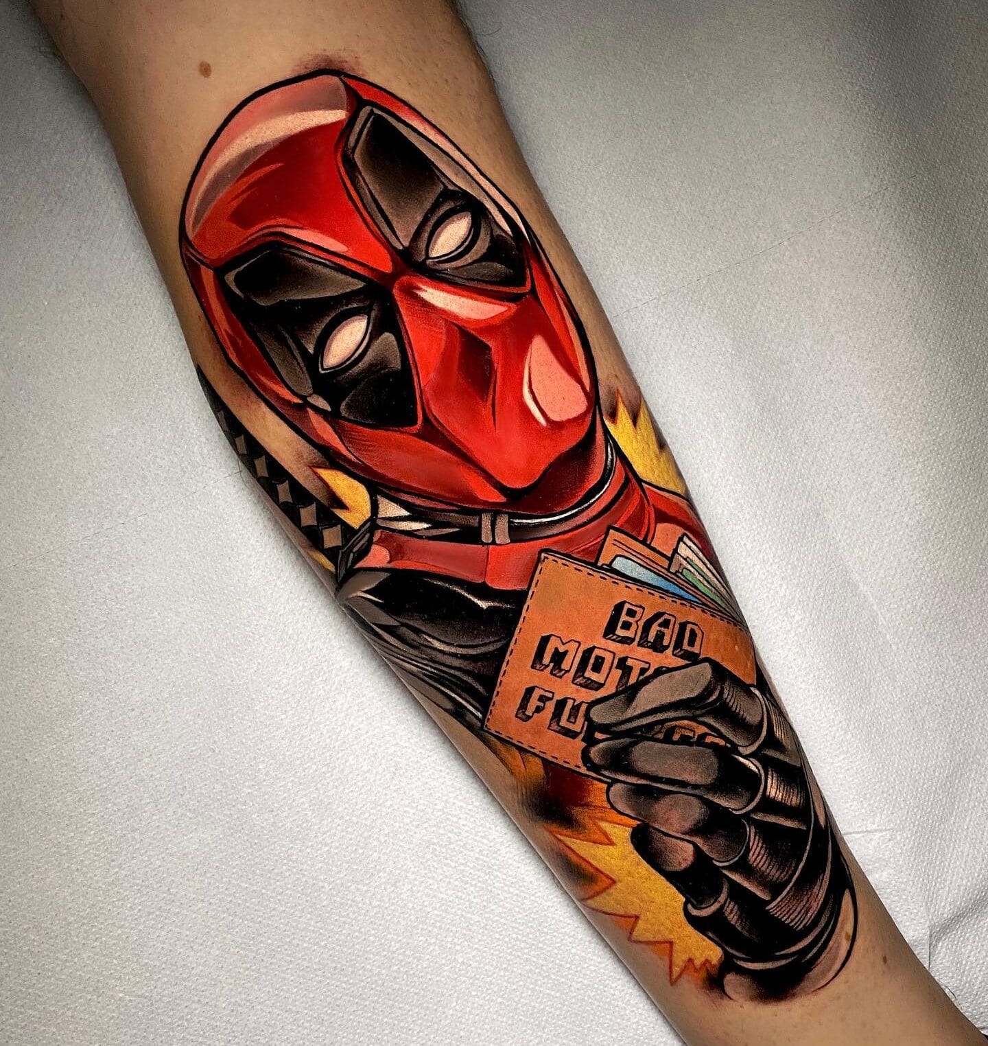 Colorful Deadpool Tattoo on Forearm in Neo Traditional Style