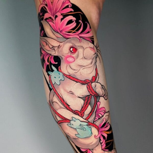Neo Traditional Rabbit Tattoo on Lower Leg