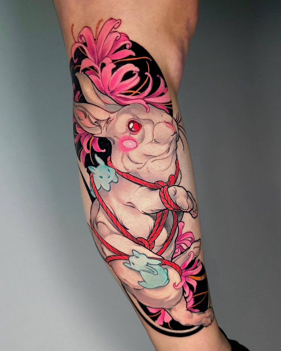 Neo Traditional Rabbit Tattoo on Lower Leg