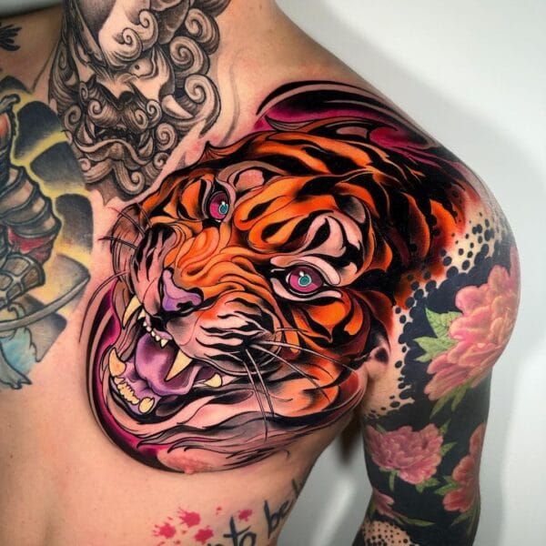 Vibrant Tiger Tattoo on Chest in Neo Traditional Style