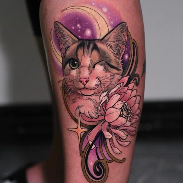 Delicate Cat Tattoo on Lower Leg with Peony and Crescent Moon