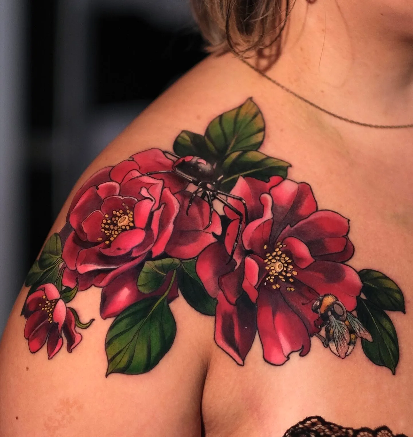 Flower Tattoo on Shoulder and Chest with Bee and Spider - Best