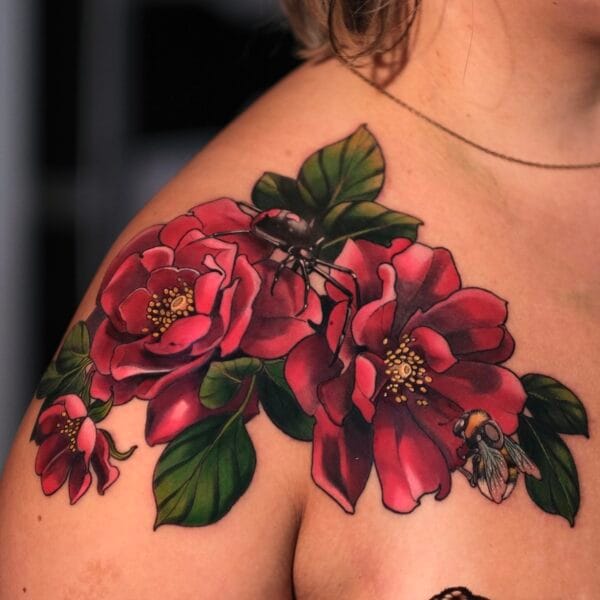 Flower Tattoo on Shoulder and Chest with Bee and Spider