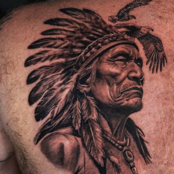 Native American Portrait Tattoo on Upper Back