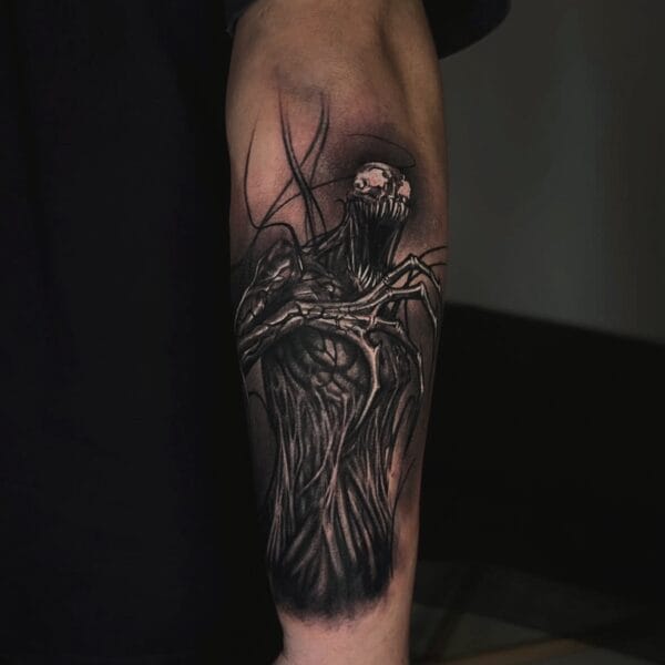 Dark Realism Venom Tattoo On Forearm