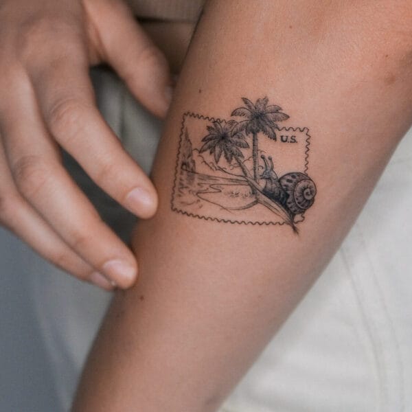 Mail Stamp Tattoo on Forearm