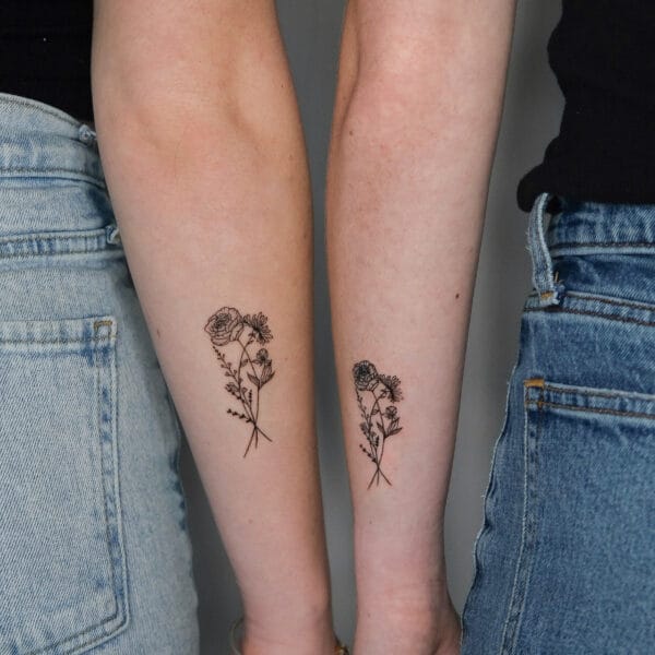 Matching Birth Flower Bouquet Tattoo on Side of Arm