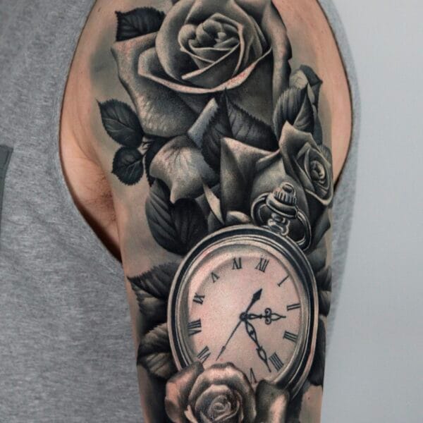 Realistic Roses And Pocket Watch Tattoo On Shoulder