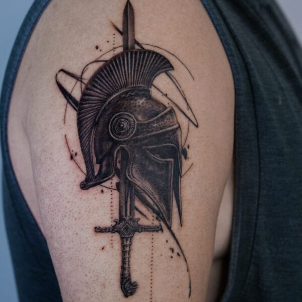 Realistic Helmet Tattoo On Upper Arm