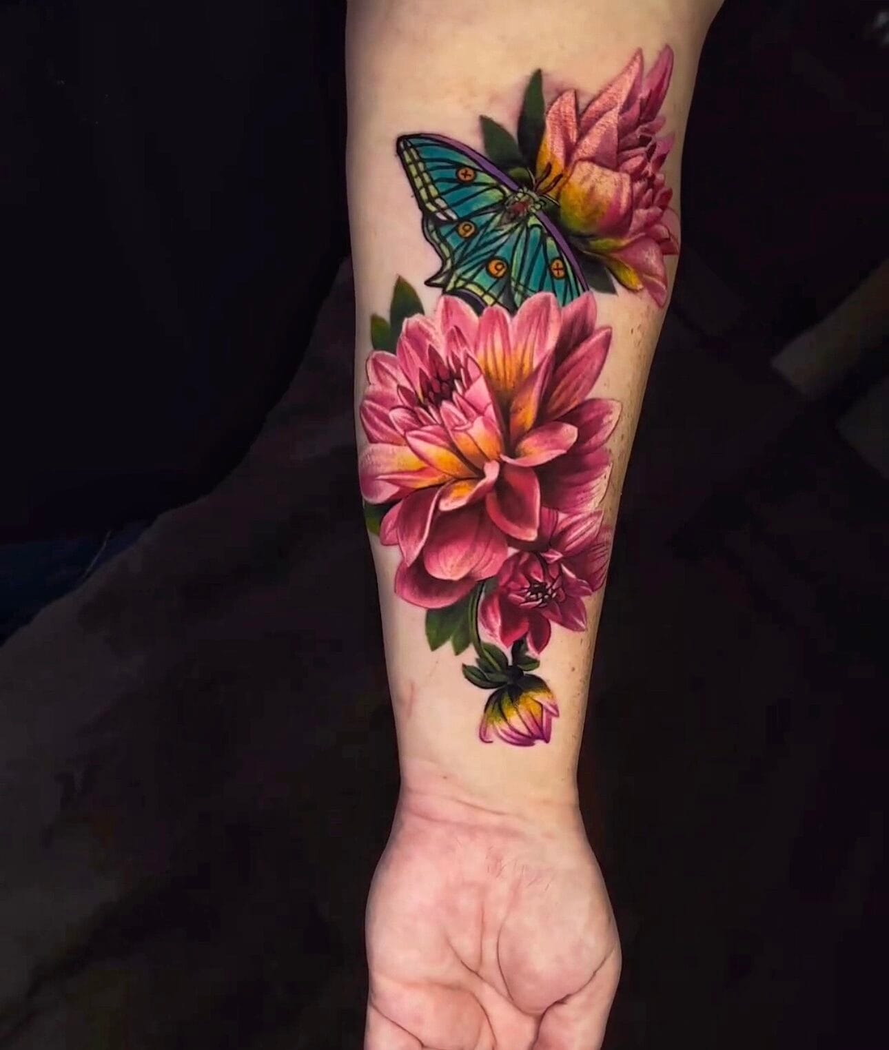 Dahlia Flowers Tattoo on Forearm. Cover Up Tattoo