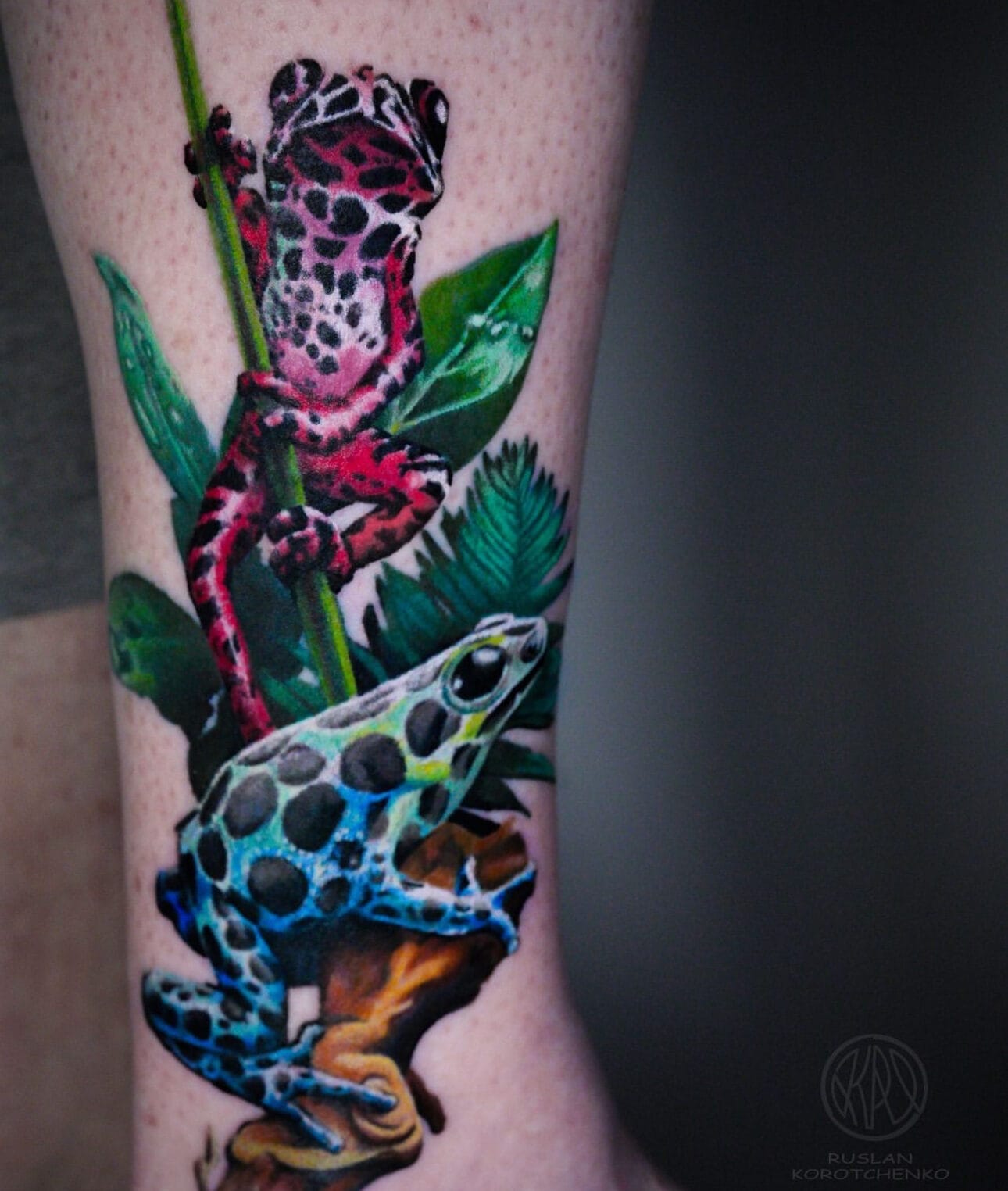 Poisoned Frogs Tattoo on Lower Leg