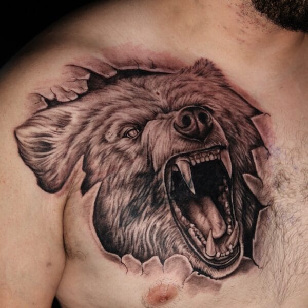 Realism Bear Tattoo Ripping the Skin on Chest