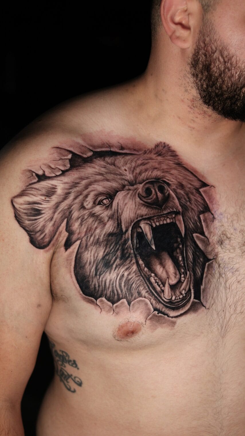 bear cover up on chest realism tattoo los angeles