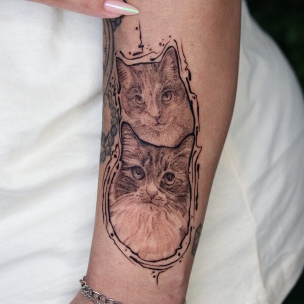 Two Cat Portraits Tattoo on Forearm