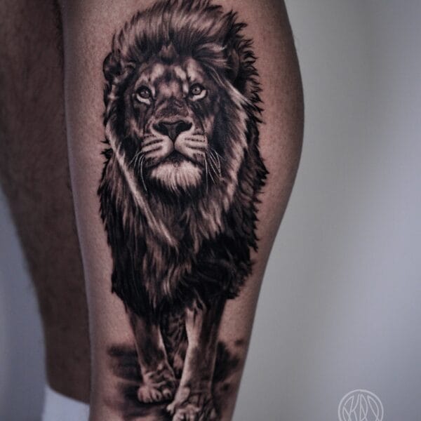 Realistic Lion Tattoo on Lower Leg