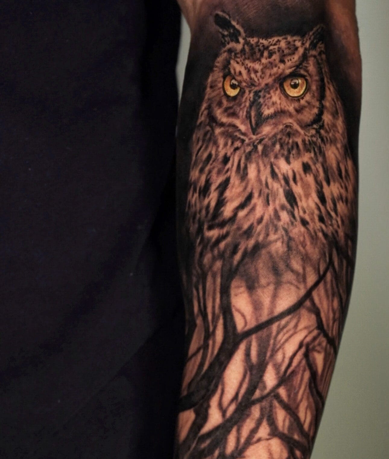 Owl Tattoo With Colored Eyes on Forearm