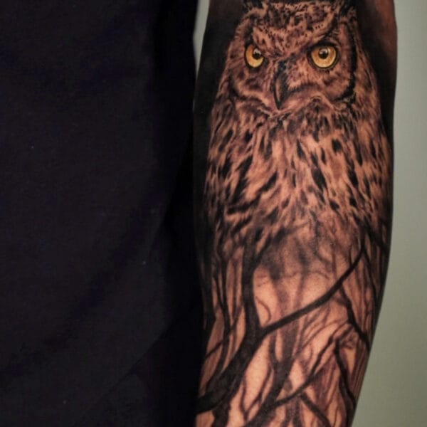 Owl Tattoo With Colored Eyes on Forearm