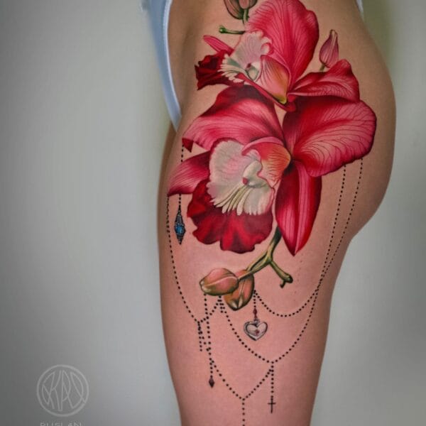 Flower Tattoo on Hip with Jewelry