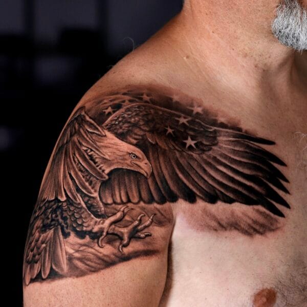 Patriotic Eagle and Stars Tattoo on Shoulder and Chest