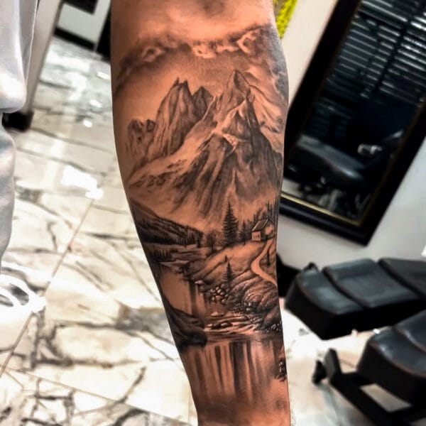 Realistic Nature Scene Tattoo on Forearm
