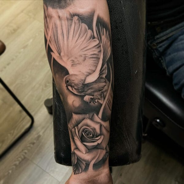 Dove and Rose Tattoo on Forearm
