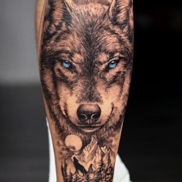 Realistic Wolf Tattoo on Lower Leg