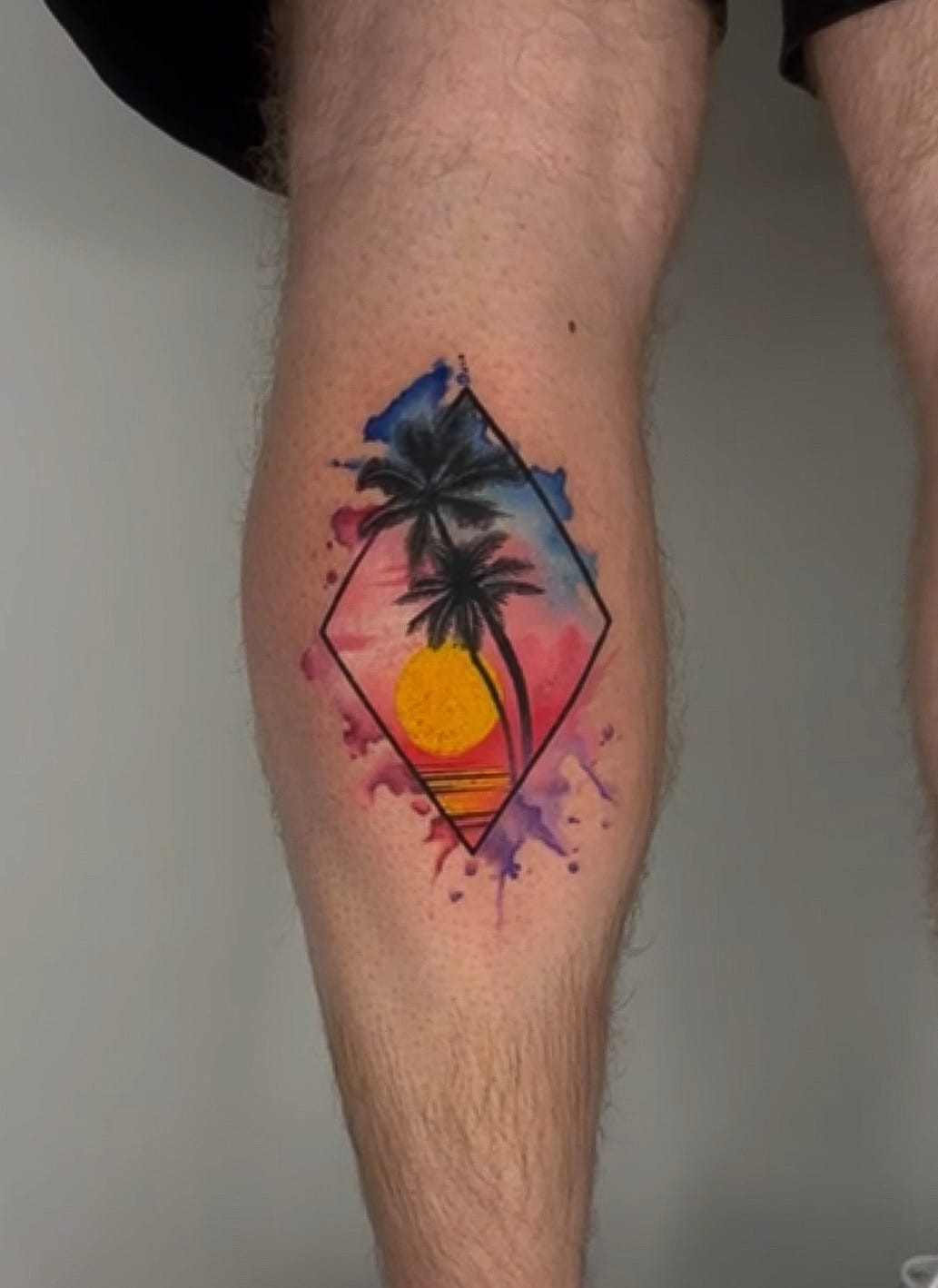 Watercolor Palm Tree Tattoo on Calf