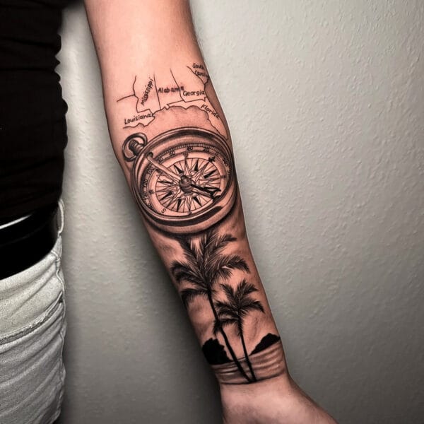 Compass and Map Tattoo on Forearm