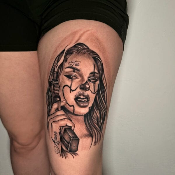 Chicano Girl Tattoo on Thigh