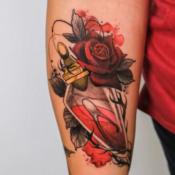 Neo Traditional Potion Bottle Tattoo on Forearm
