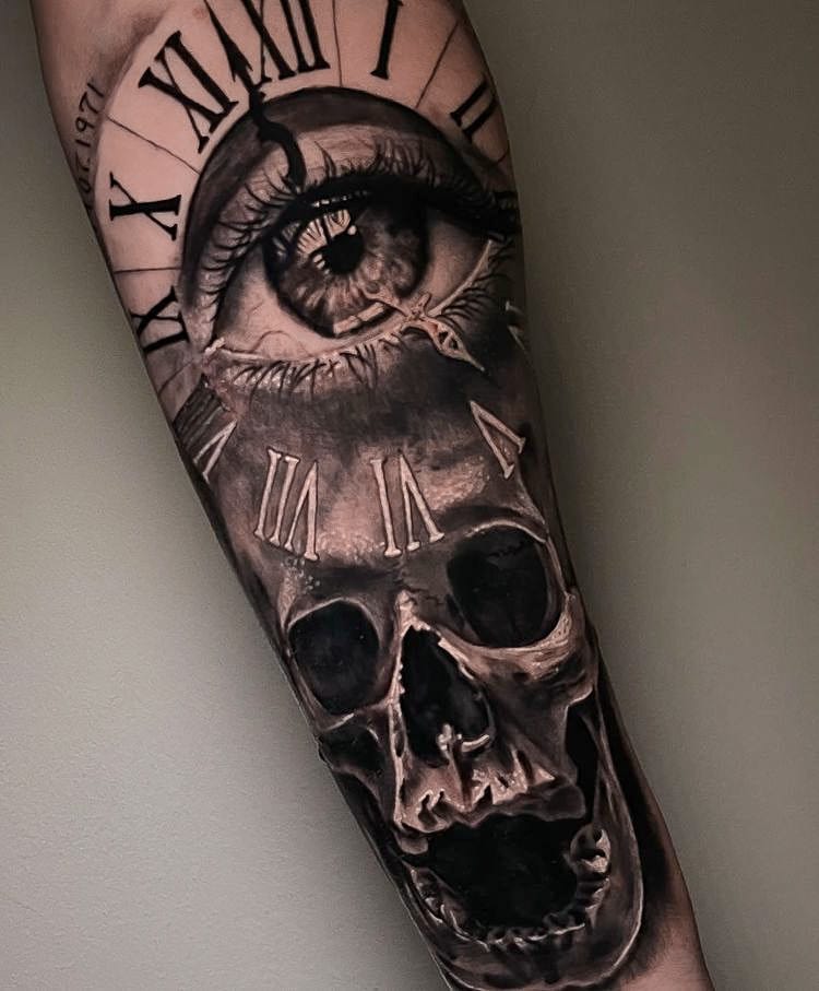 Skull and Eye Realism Tattoo on Forearm