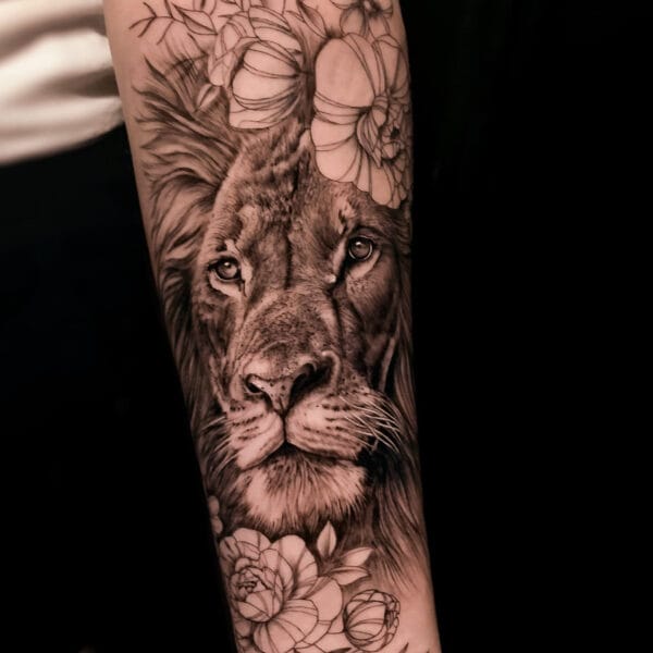 Lion with Flowers Tattoo on Forearm
