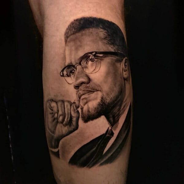 Malcolm X Portrait Tattoo on Lower Leg