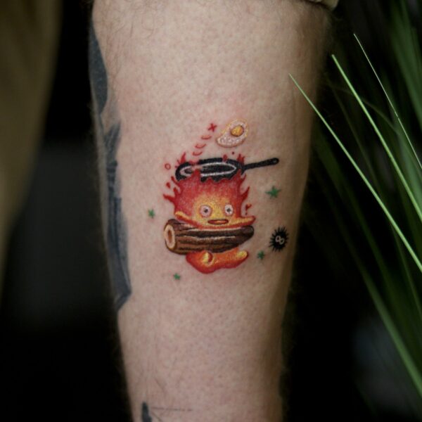 Studio Ghibli Calcifer Tattoo on Lower Leg