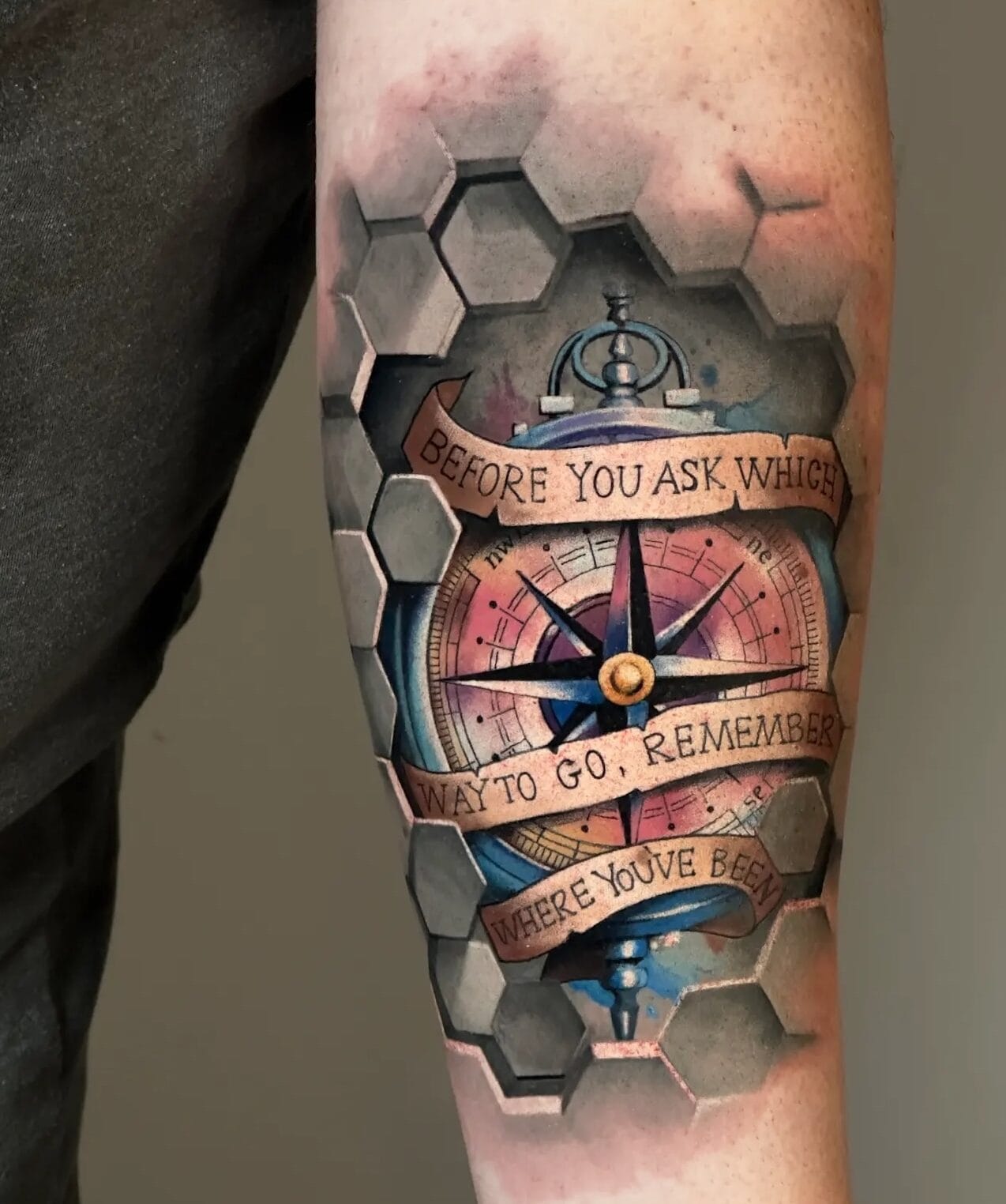 Compass Tattoo with 3D Effect on Forearm