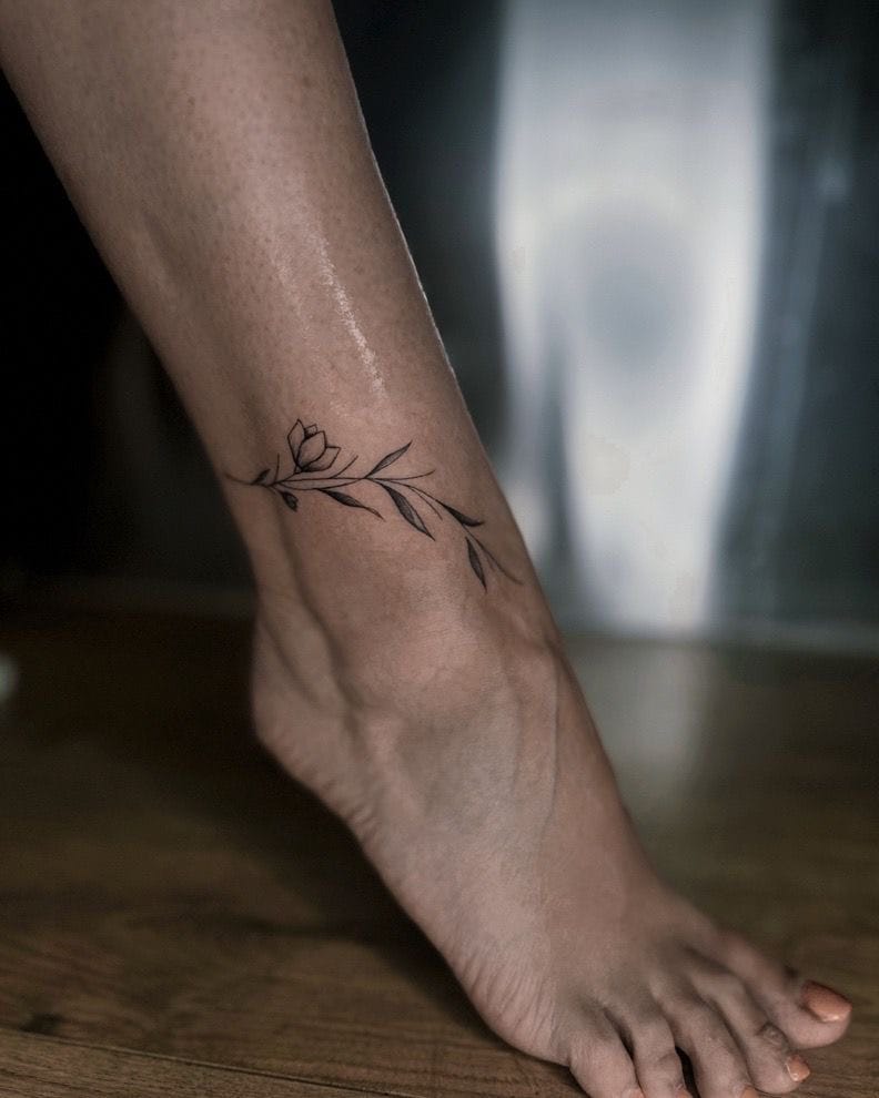 Floral Branch Tattoo on Ankle