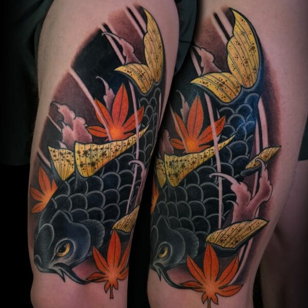 Neo Traditional Koi Fish Tattoo on Upper Leg