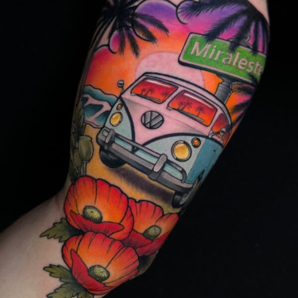 Neo Traditional Camping and Beach Scene Tattoo on Arm