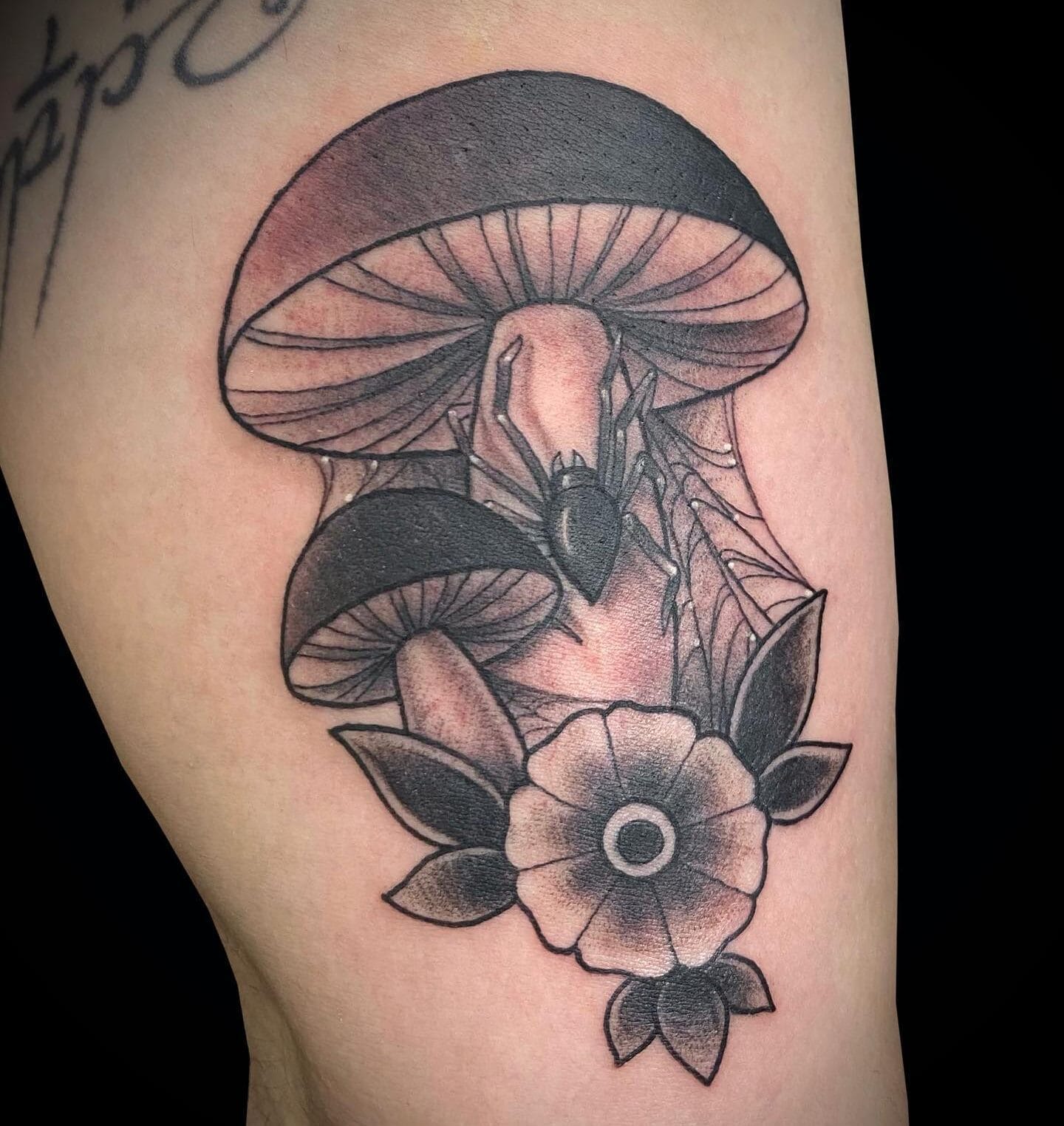 Mushroom Tattoo with Spider and Flower on Leg