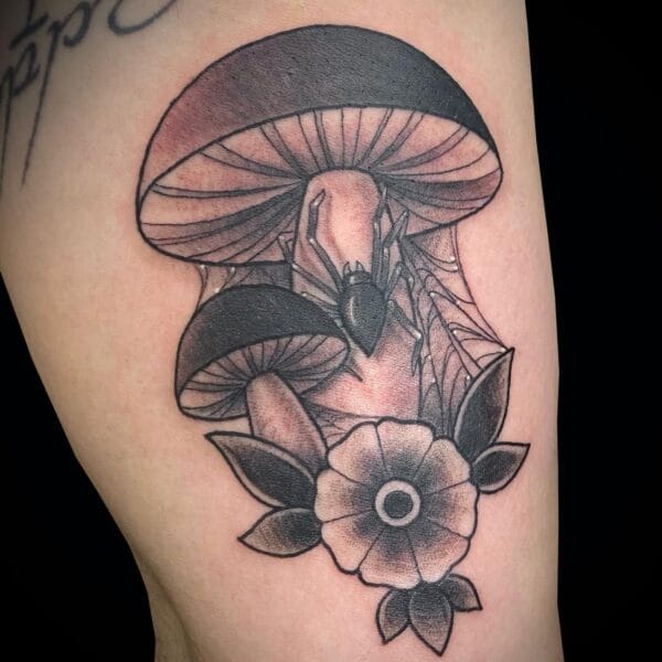 Mushroom Tattoo with Spider and Flower on Leg