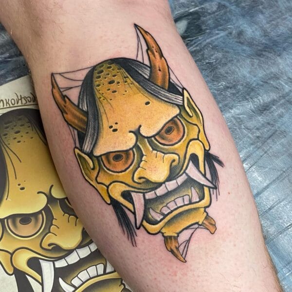 Neo Traditional Hannya Mask Tattoo on Shin