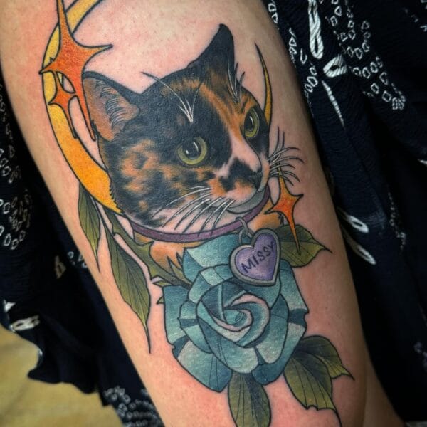 Thigh Tattoo of Cat Surrounded by Moon and Flowers