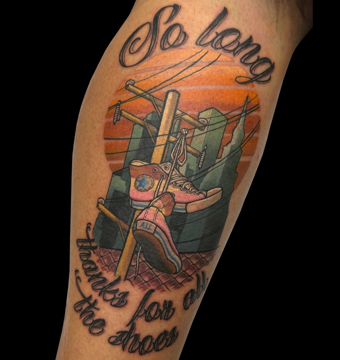 Urban Sunset Scene Tattoo on Lower Leg