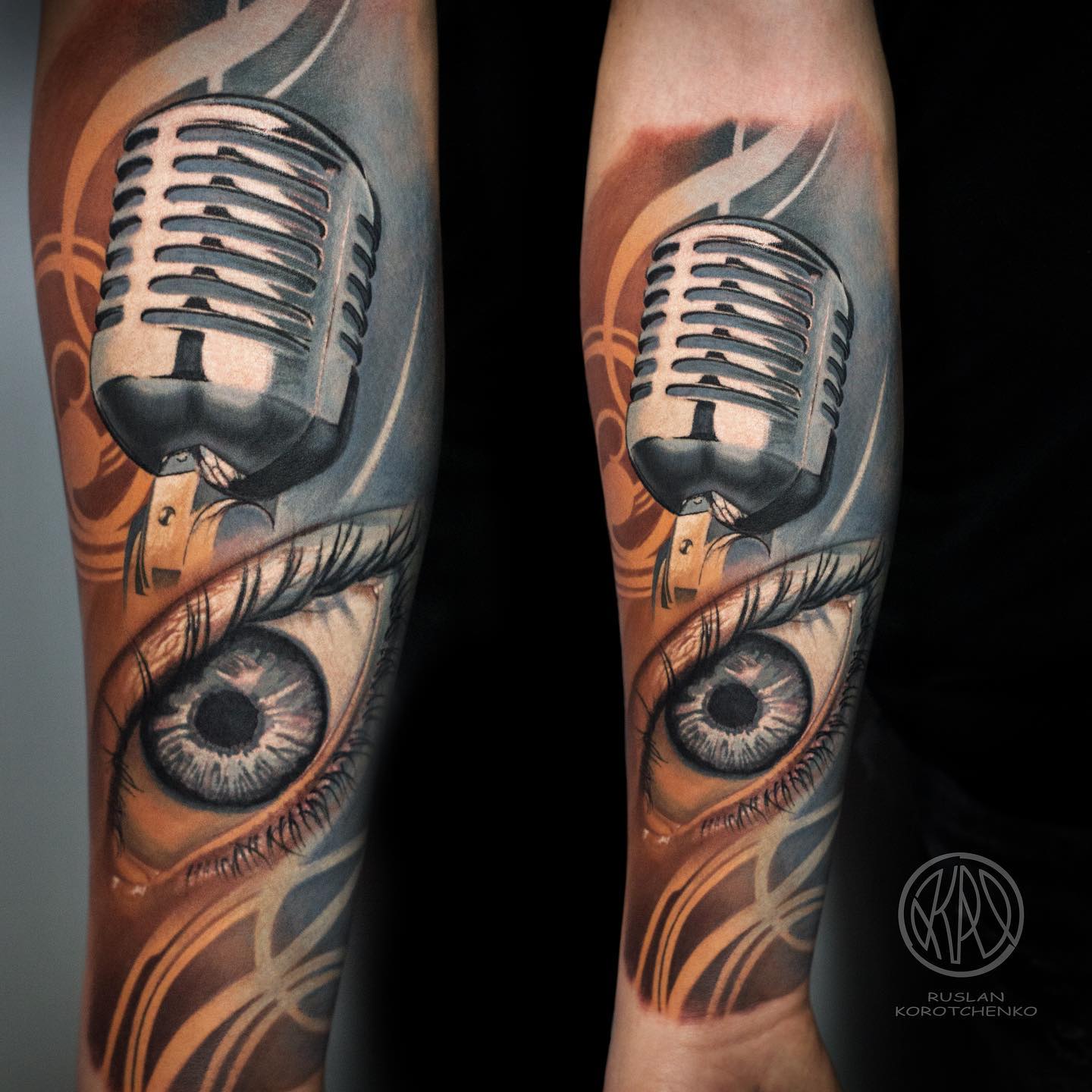 Music Tattoo with Chrome Microphone on Forearm